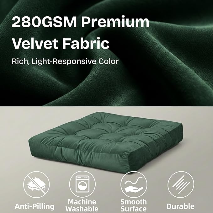 Floor Pillow for Sitting, Large Velvet Floor Seating Cushion for Adults, Tufted Big Pillow for Meditation, Yoga & Living Room, Machine Washable, 22x22 Inch, Green