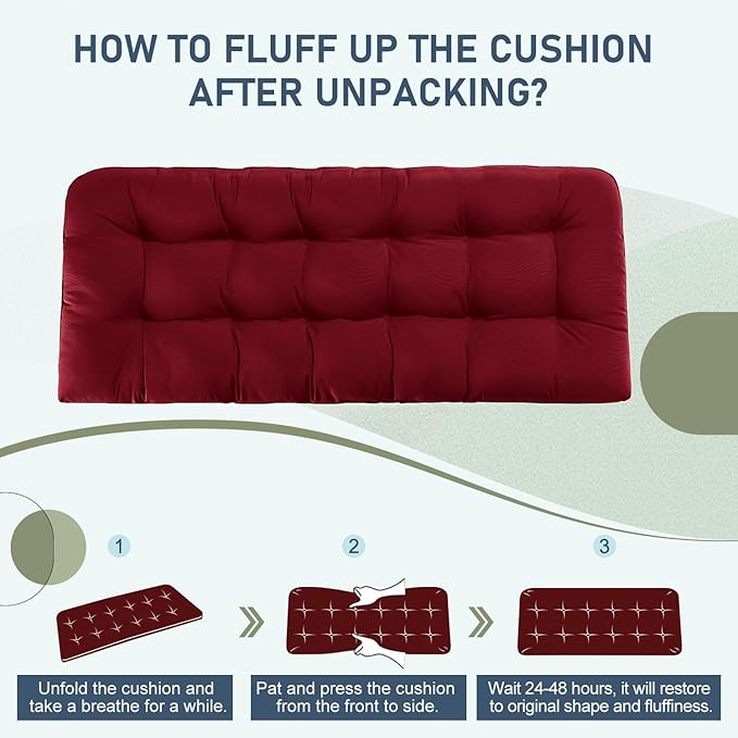 downluxe Outdoor Bench Cushion for Patio Furniture, Water Resistant Tufted Overstuffed Porch Swing Cushions, Thick Outdoor Loveseat Cushions, 59" x 18" x 5", Burgundy, Set of 1