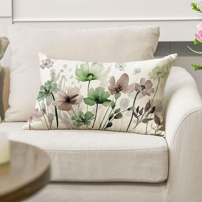 AVOIN colorlife Poppy Flowers Chinoiserie Spring Throw Pillow Cover, 12 x 20 Inch Sage Green Brown Seasonal Leaves Cushion Case Decoration for Sofa Couch Farmhouse