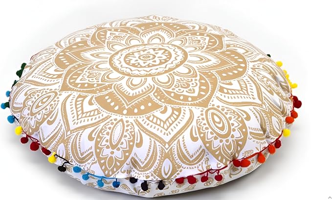 CRAFT KALA 22" Floor Pillows Cover for Sitting, Large Meditation Cushions Cover for Adults, Bohemian Mandala Round Pouf Seating Ottoman Cover for Outdoor Yoga and Living Room (White Gold Flower)