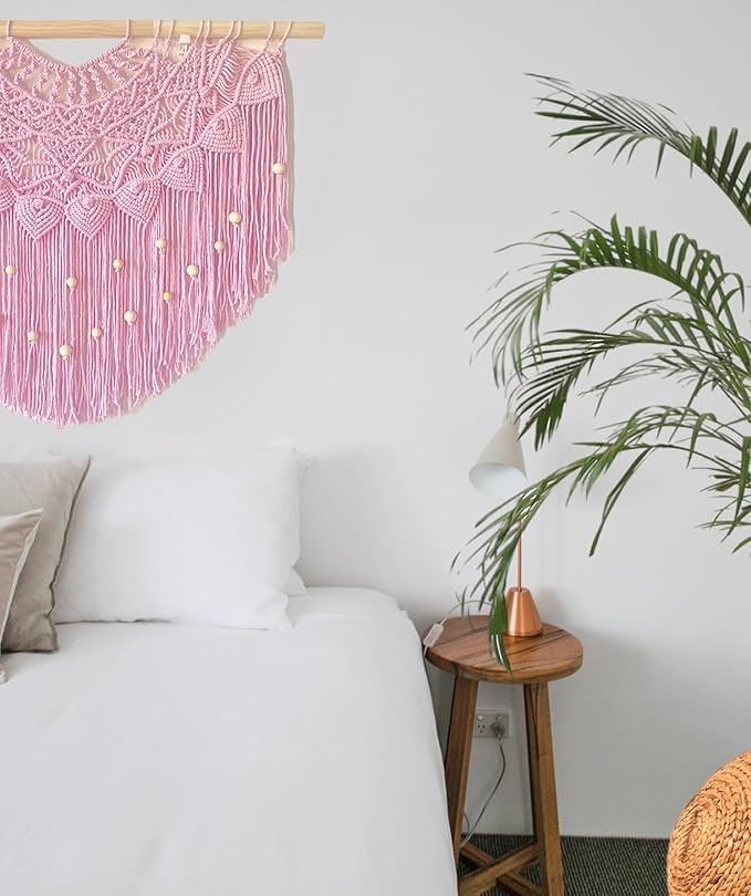 Youngeast Large Macrame Wall Hanging Boho Beaded Curtain for Window Macrame Bedroom Headboard Living Room Wall Art Tassel Tapestry Bohemian Woven Wall Decor 31" W X 25" H (Pink)