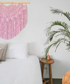Youngeast Large Macrame Wall Hanging Boho Beaded Curtain for Window Macrame Bedroom Headboard Living Room Wall Art Tassel Tapestry Bohemian Woven Wall Decor 31" W X 25" H (Pink)
