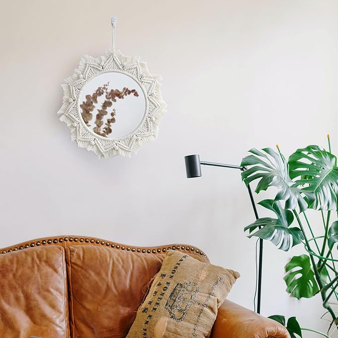 Artilady Macrame Hanging Wall Mirror - Boho Fringe Round Handmade Decorative Acrylic Mirror for Apartment Living Room Bedroom Baby Nursery Home Decor (Round)