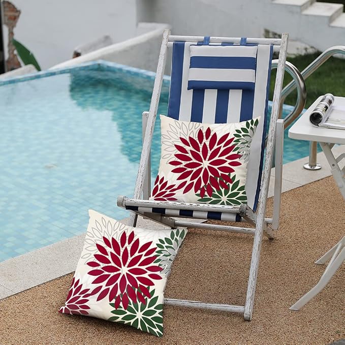 DFXSZ Wine red Dark Green Flower Pillow Covers 16x16 Inch Set of 2 Outdoor Throw Pillows Outdoor Waterproof Decor for Living Room Sofa Patio Funiture Garden Floral Polyester Pillow Covers 002W16