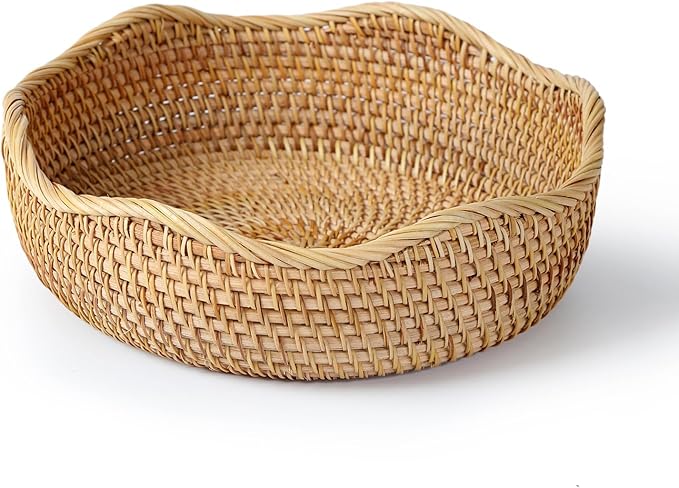 10.2” Fruit Basket, Wicker Basket Rattan Fruit Bowls, Small Decorative Bread Baskets, Handwoven Storage Basket, Natural Woven Serving Bowls Kitchen Counter Organizing Dining Room Snack Vegetable