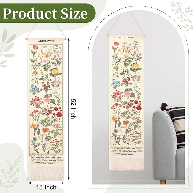 Geetery Vintage Floral Vertical Tapestry Wall Hanging Decor Long Flower Narrow Botanical Fabric Wall Art Hanging Reference Illustrative Tassel Tapestry for Bedroom Living Room Home Decor Gift(White)