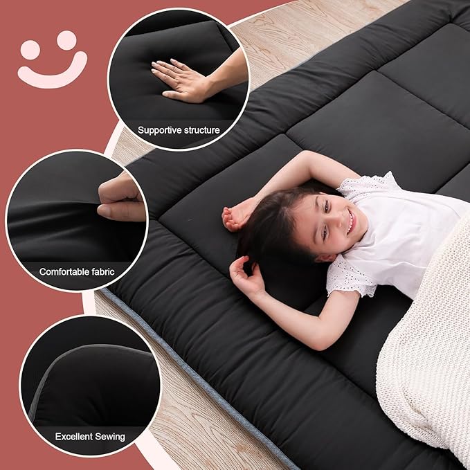 WhatsBedding Japanese Floor Mattress Futon Mattress 3" Black Tatami Mat Shredded Memory Foam Filled Sleeping Pad, Foldable & Portable Roll Up Lounger Camping Bed for Kids and Adult,Twin Size 39"x 80"