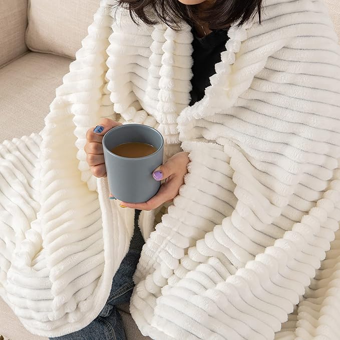 MIULEE Cream White Throw Blanket 3D Ribbed Jacquard Fleece Flannel Velvet Plush Decorative Bed Blanket (Throw, 50" x 60") - Super Soft, Lightweight, Warm and Cozy for Couch Sofa, Home Decor