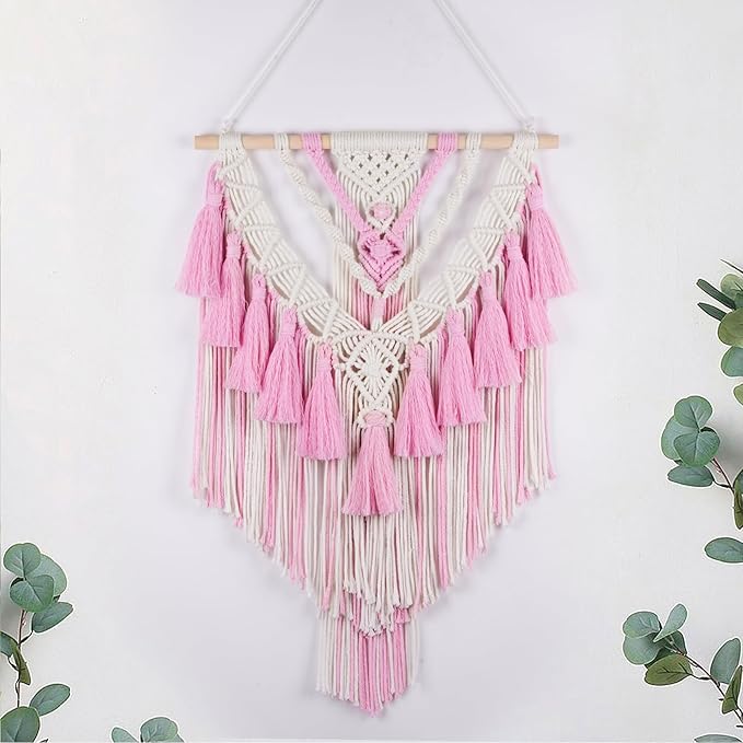 HVEST Pink Macrame Wall Hanging Woven Boho Wall Art Handmade Woven Tassel Tapestry, Bohemian Home Decor for Bedroom Living Room Apartment Nursery Backdrop
