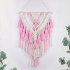 HVEST Pink Macrame Wall Hanging Woven Boho Wall Art Handmade Woven Tassel Tapestry, Bohemian Home Decor for Bedroom Living Room Apartment Nursery Backdrop