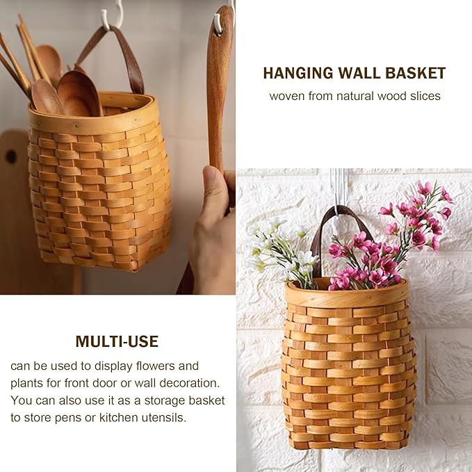Hanging Wall Basket Wood Woven Basket, Small Hanging Basket for Wall Decor, Decorative Flower Basket for Front Door