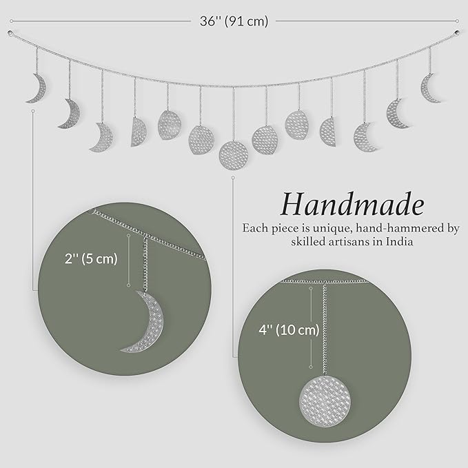 BASE ROOTS Moon Phase Wall Decor, Silver Wall Decor for Bedroom & Living Room, Bohemian Wall Decor, Handmade Hammered Metal 36" 13 Phases Moon Wall Decor, Celestial Wall Art, Gift for Women & Kids