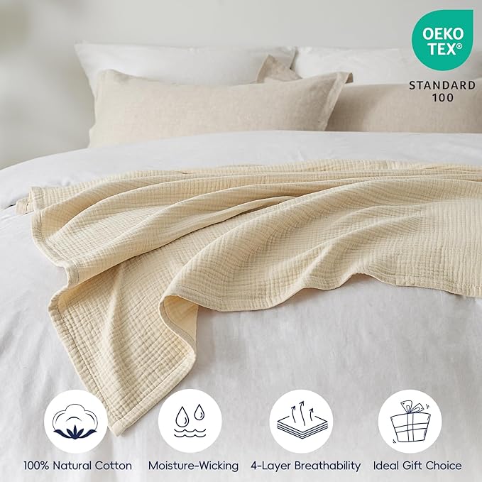 PHF 100% Cotton Muslin Throw Blanket 50" x 60", 4-Layer Lightweight Gauze Throw, Breathable Cloud-Soft Minimalist Blanket for Bed, Couch, Camping & Baby, Beige/Short Bread, Ideal Gift