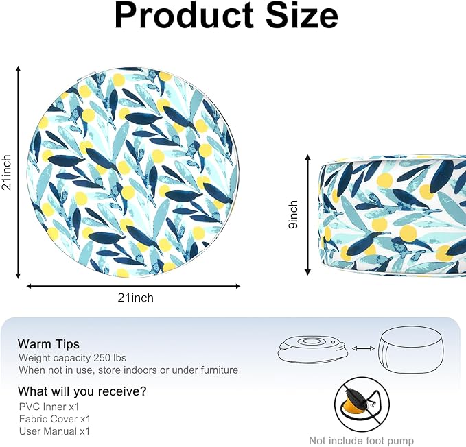 Inflatable Ottoman Stool D21 xH9 for Outdoor/Indoor Use, Water Repellent Patio Foot Rest Stool with Portable Handle,Round Pouf Ottoman Suitable for Garden,Deck and Camping - Leaves Multi