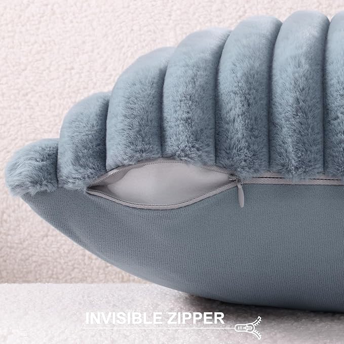 Pallene Faux Fur Plush Throw Pillow Covers 16x16 Set of 2, Luxury Soft Fluffy Striped Decorative Pillow Covers for Sofa, Couch, Living Room, Blue Grey