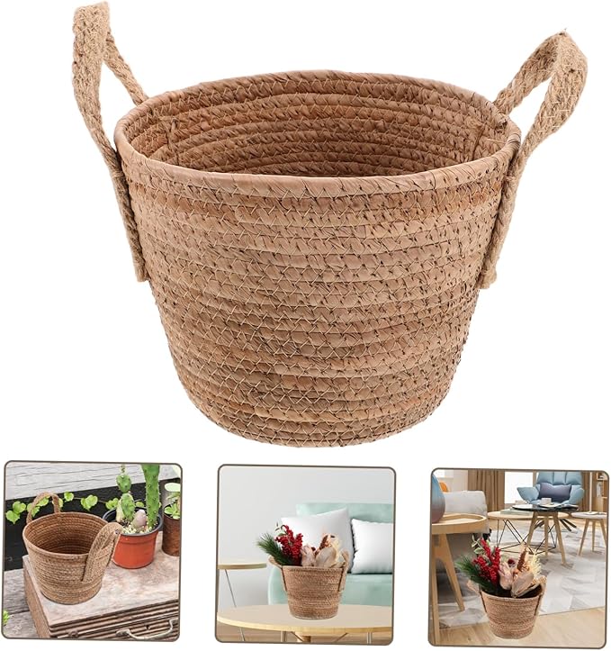 1Pcs Woven Seagrass Plant Basket with Handles Natural Round Storage Basket for Indoor Plants Versatile Home Decor Rattan Flower Pot Nordic Design
