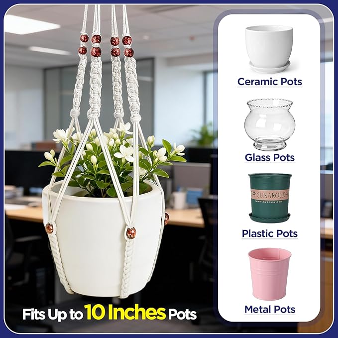 2 Pack Macrame Plant Hanger with Drop Ceiling Hooks, Hanging Planter with Wooden Bead, No Tassels for Indoor Outdoor Boho Office Classroom Decor, 35 Inches (Pots Not Included)