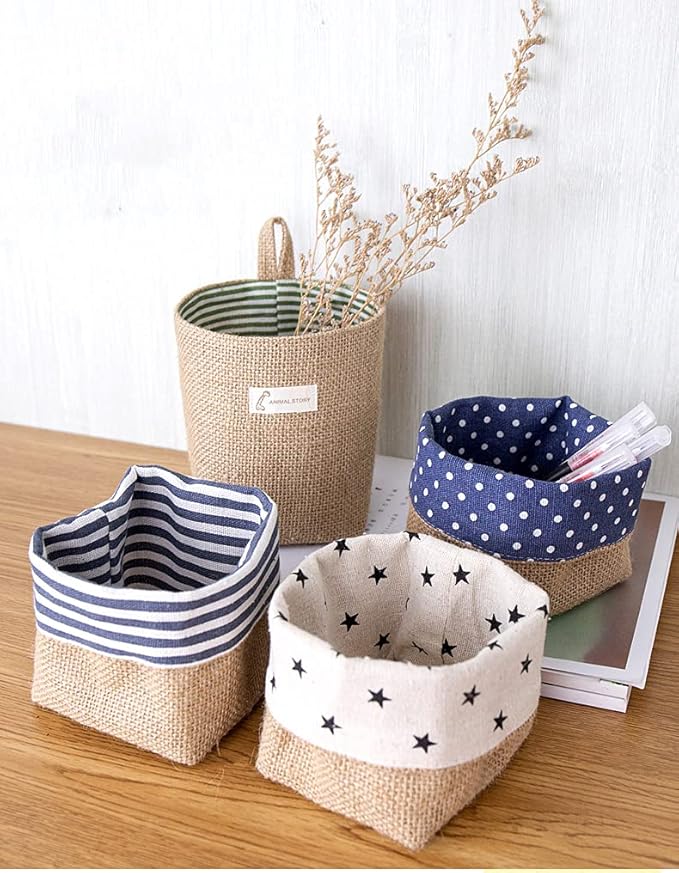 4 Pack Hanging Basket for Door,Small Wall Basket Decor,Jute Hanging Wall Storage,Wall Baskets for Plants,Boho Camper Decor Storage for Key, Sunglasses, Wallet on Door,with Mounting Hook
