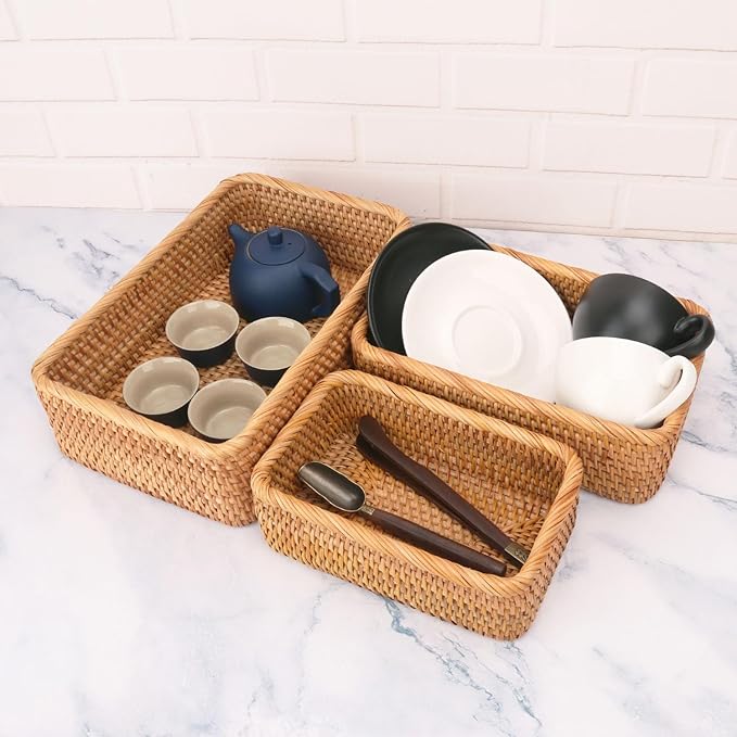 Set of 3 Rectangular Rattan Storage Baskets - 3 Size Expertly Hand Woven Rattan Fruit Baskets, Rectangular Woven Wicker Baskets, Wicker Organizer Baskets for Kitchen, Living Room, Office