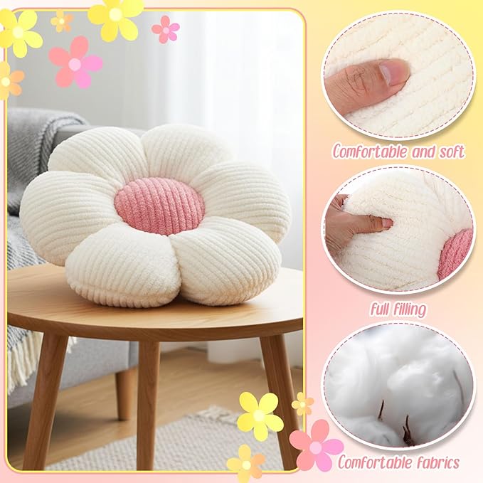 10 Pcs Cute Flower Pillow 15.75 Inch Flower Plush Throw Pillow Aesthetic Decorative Seating Cushion for Spring Back to School First Day of School Sofa Couch Bed Decor(Monochrome,White)