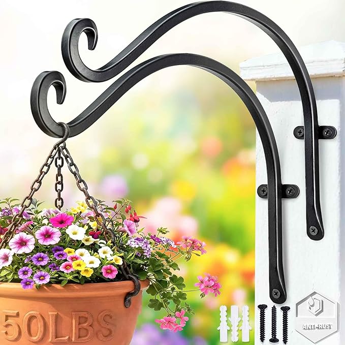 Hanging Plant Brackets Outdoor: 2 Pack 12 Inch Metal Plant Hangers Wall Hooks - Can Hold 50 Lbs Heavy Duty Outdoor Hooks for Hanging Bird Feeders, Flower Baskets, Lanterns, Wind Chimes