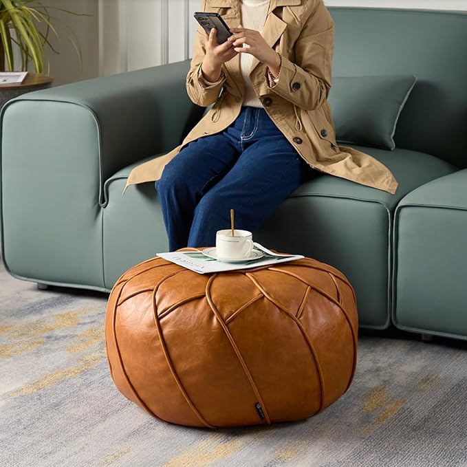 Louis Donné Unstuffed Moroccan Ottoman Pouf Cover, Handmade Faux Leather Pouf Cover with Storage, Boho Chic HomeDecor BeanBag Chair Footstool Rest for Living Seating Floor Cushion ONLYCover(Orange)