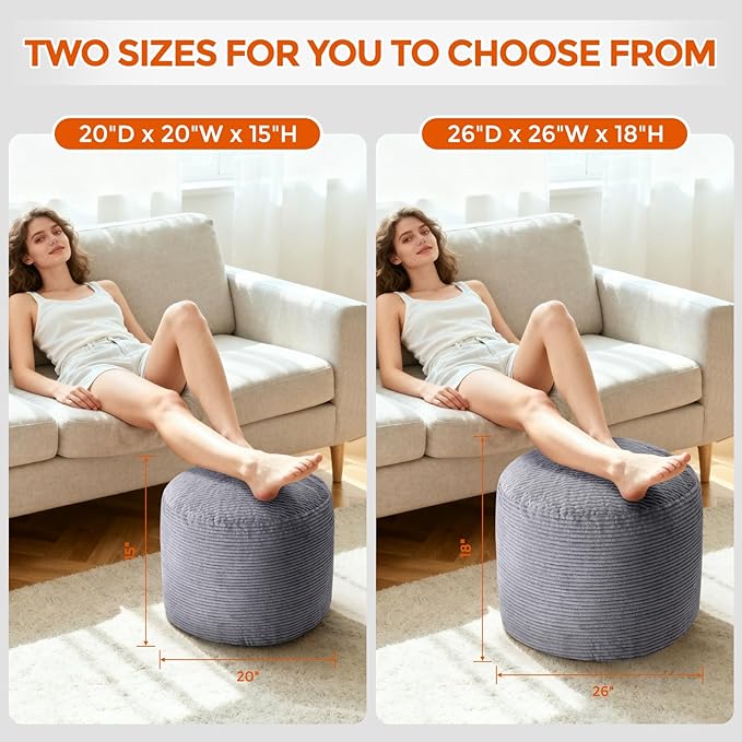 Pouf Ottoman Foot Rest, Comfortable & Soft, Round Footstool for Living Room, Bedroom, Office, Room Decoration, Corduroy Foot Stool Pouf with Odorless & Anti-Clump Filling, Large Dark Grey