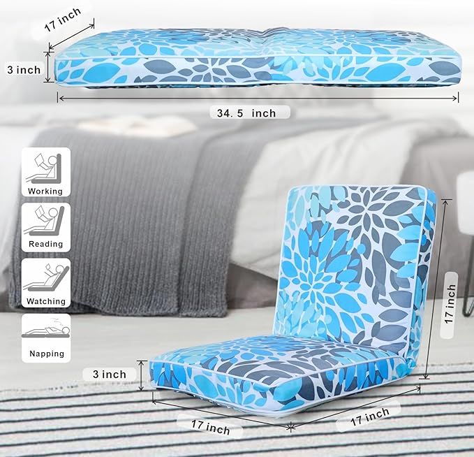 JMGBird Floor Chair with Back Support - Adjustable 5-Position Gaming Chair, Waterproof Light Blue Floral Print, Indoor Outdoor Meditation Cushion
