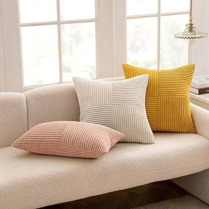 MIULEE Mustard Yellow Decorative Euro Sham Pillow Covers 24x24 Inch for Bed Couch Sofa Pack of 2 Boho Farmhouse Throw Pillows Soft Cross Corduroy Patchwork Textured Cushion Cases