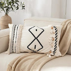 Boho Lumbar Pillow Cover with Tessels 12x 20, Pompom Geometric Woven Tufted Ethnic Decorative Linen Pillow Cushion Case, Cream Decorative Pillows for Bed, Outdoor Couch Car