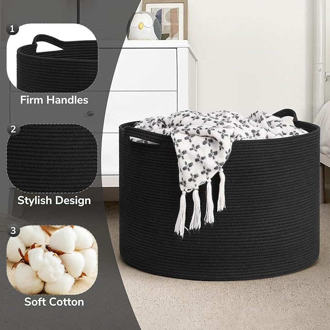 Goodpick Large Storage Basket, 23.5'' x 15.8'' Woven Storage Baskets, Cotton Rope Toy Storage for Kids Decorative Laundry for Home, Perfect for Living Room, 115L Black