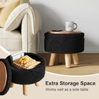 Black Storage Ottoman, Small Foot Stool Ottoman with Storage, Boucle Sherpa Foot Rest for Couch, Round Footstools with Soft Seat, Sturdy Wood Legs Stool for Living Room, Hallway, Desk