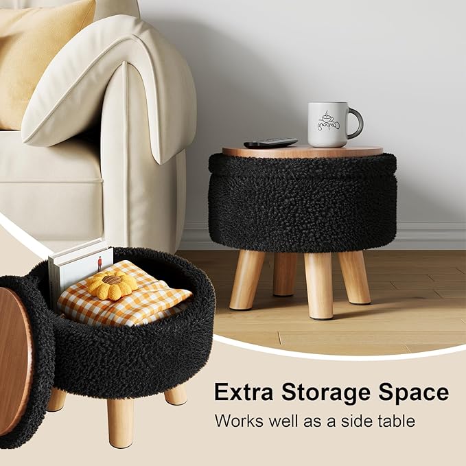 Black Storage Ottoman, Small Foot Stool Ottoman with Storage, Boucle Sherpa Foot Rest for Couch, Round Footstools with Soft Seat, Sturdy Wood Legs Stool for Living Room, Hallway, Desk