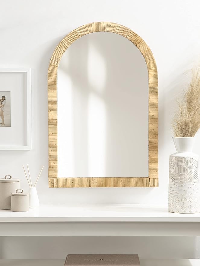Kate and Laurel Rahfy Boho Arch Rattan Mirror; 20x30; Natural Wood; Decorative Wooden Mirror with Authentic Rattan Frame for Bohemian Wall Decor