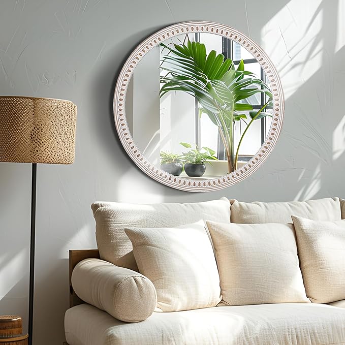 24 Inch Farmhouse Round Wood Mirror for Wall Decor, Rustic Decorative Circle Mirrors for Bathroom Over Sink, Living Room, Entryway, Bedroom