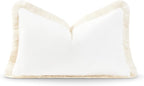 Hofdeco Premium Coastal Patio Indoor Outdoor Lumbar Pillow Cover Only, 12"x20" Water Resistant for Backyard, Couch, Solid White Fringe