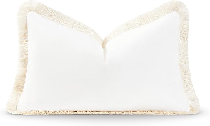 Hofdeco Premium Coastal Patio Indoor Outdoor Lumbar Pillow Cover Only, 12"x20" Water Resistant for Backyard, Couch, Solid White Fringe