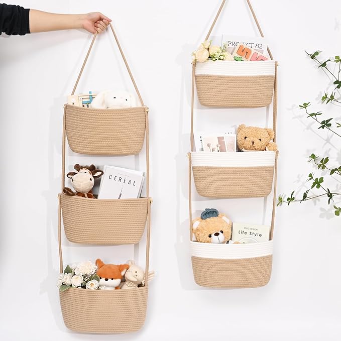 Hanging Basket, 3-Tier Wall Baskets, Over the Door Organizer with 4 Hooks, Hanging Baskets for Organizing, Woven Storage Basket Behind the Door for Nursery, Bedroom, Living Room, Kitchen