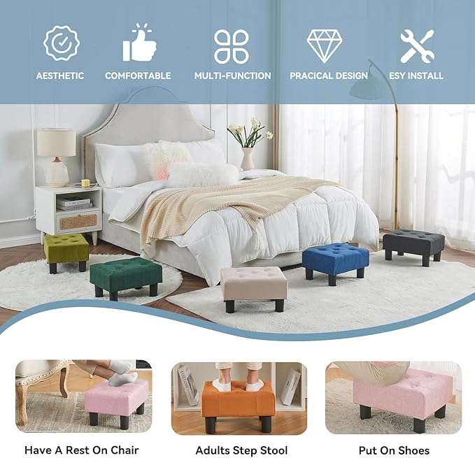 Poofzy Small Foot Stool Ottoman, Linen Ottoman Foot Rest with Legs, Rectangle Foot Rest for Couch, Footstools and Ottomans Small for Living Room and Entryway (Pink)