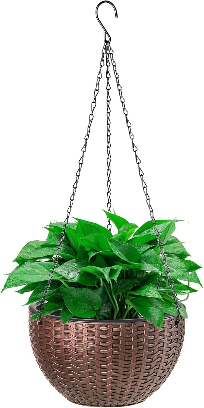 Foraineam 10.2 Inches Round Basket Hanging Planter Dual-pots Design Garden Flower Plant Pots Hanging Planter Baskets with Drainer and Chain for Indoor Outdoor Use