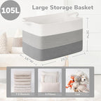 Goodpick 105L Extra Large Blanket Basket 25" x 16" x 16" Cotton Rope Storage Bins for Dirty Clothes Pillows, Decorative Woven Basket with Handles, Toy Baskets Storage Kids, Gray