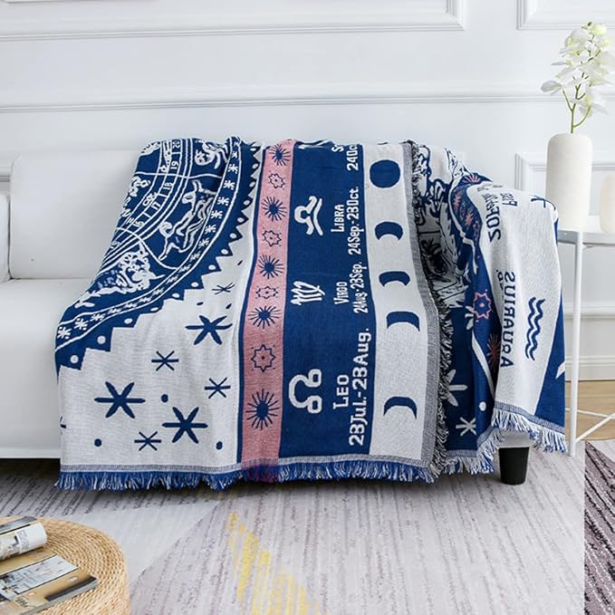 Boho Throw Blankets Woven Reversible Cotton Bohemian Tapestry Hippie Room Decor Witchy Astrology Zodiac Celestial Constellation Carpet Bed Recliner Chair Couch Sofa Cover Double Sided 50"x70"