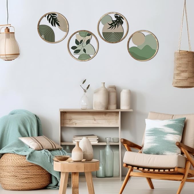 Qunclay 4 Pcs Boho Wall Art Bohemian Wooden Round Circle Wall Decor Hollow out Hanging Farmhouse Aesthetic for Bedroom Living Room Bathroom Bedroom Bathroom Patio Apartment Gift 10 Inch (Green)