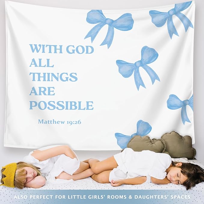 LIANGW Light Blue Bible Verse Christian Wall Tapestry – With God All Things are Possible Bible Blue Bow Aesthetic for Girls Bedroom or Dorm Room,Faith-Based Blue Room Decor Aesthetic, 50x60 Inch