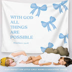 LIANGW Light Blue Bible Verse Christian Wall Tapestry – With God All Things are Possible Bible Blue Bow Aesthetic for Girls Bedroom or Dorm Room,Faith-Based Blue Room Decor Aesthetic, 50x60 Inch