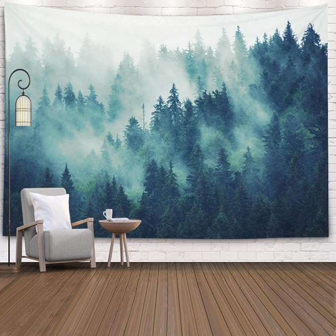 EMMTEEY Forest Tapestry Wall Art - Misty Pine Tree Landscape, 60X50 Inch Nature-Themed Decor for Living Room Bedroom Indoor Spaces