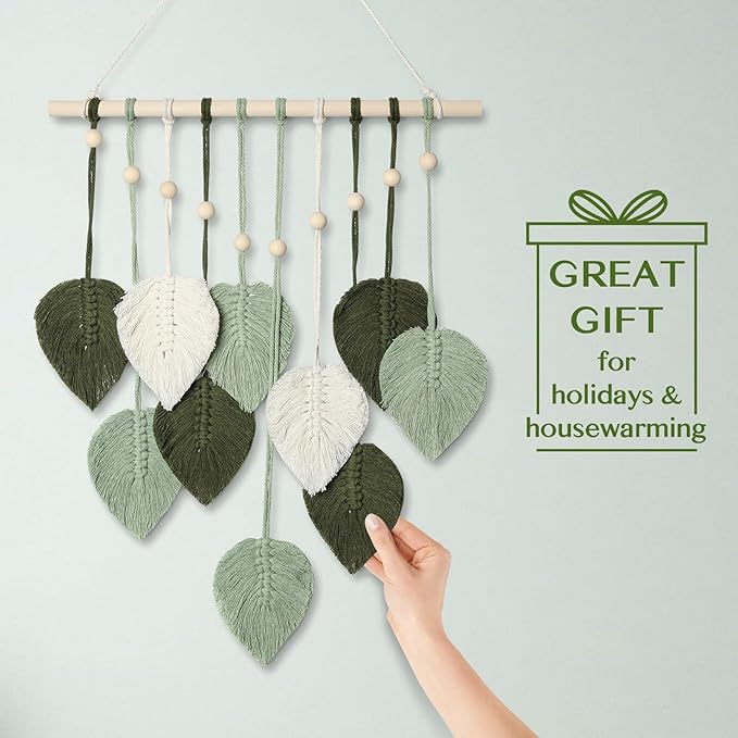 MIPON Macrame Wall Hanging Leaves Decor,Boho Handmade Woven Leaf Tassels Tapestry Gift Ideas for Nursery, Bedroom, Living Room, 15.7 X 28 Inch(Green)
