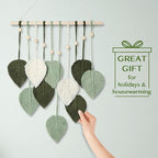 MIPON Macrame Wall Hanging Leaves Decor,Boho Handmade Woven Leaf Tassels Tapestry Gift Ideas for Nursery, Bedroom, Living Room, 15.7 X 28 Inch(Green)
