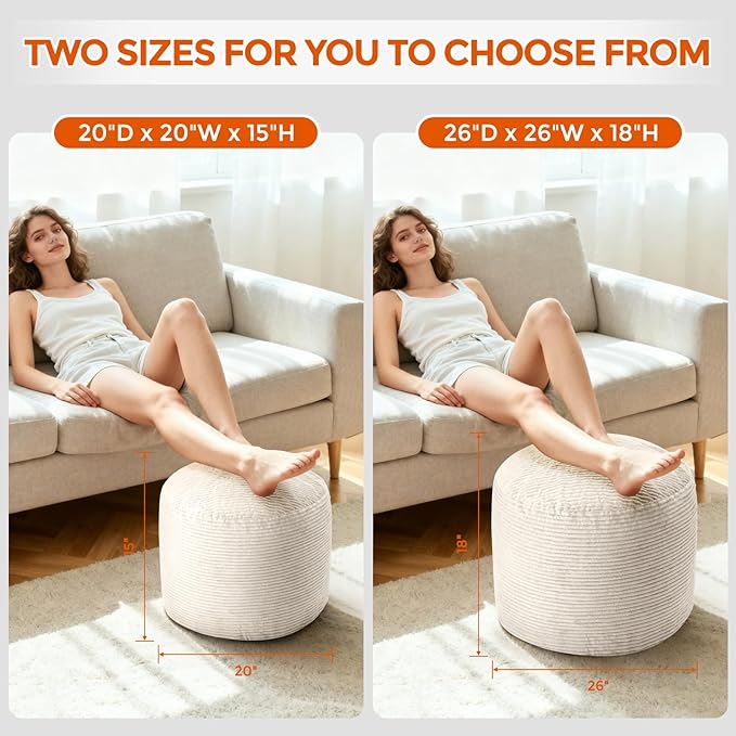 Pouf Ottoman Foot Rest, Comfortable & Soft, Round Footstool for Living Room, Bedroom, Office, Room Decoration, Corduroy Foot Stool Pouf with Odorless & Anti-Clump Filling, Large Beige