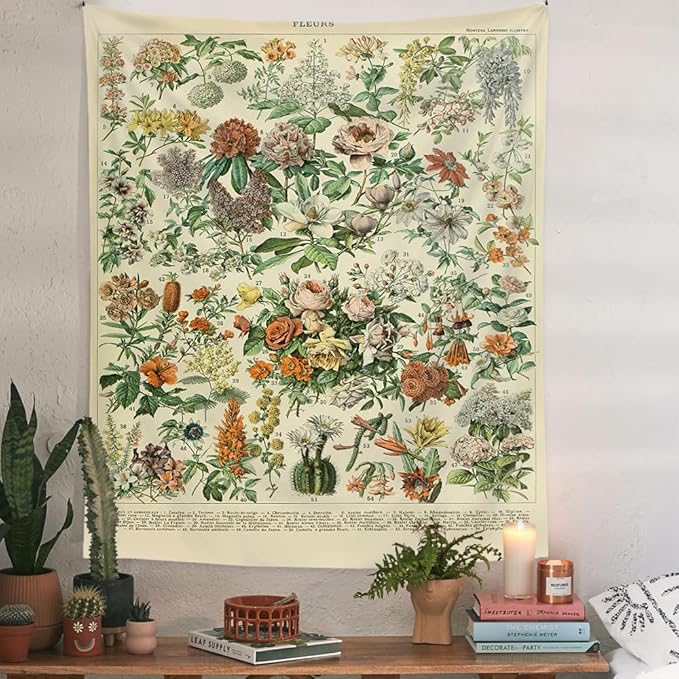 Vintage Flowers Tapestry 48”x36”, Long Vertical Wall Hanging Reference Illustrative Botanical Tapestries for Bedroom Aesthetic Floral Tapistry Botanical Plants Tapestry Wall Hanging Cute Bedroom Decor
